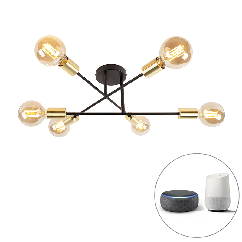 QAZQA Smart plafondlamp zwart met 6-lichts incl. Wifi G95 - Sydney - Goud