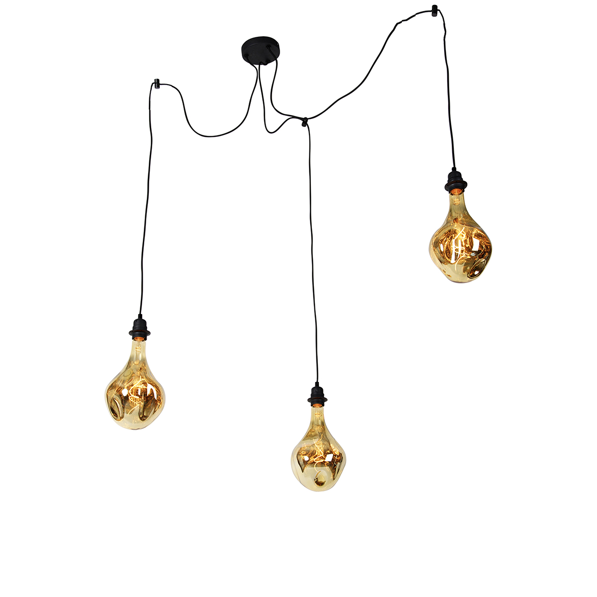 QAZQA Hanglamp zwart 3-lichts incl. LED spiegel goud dimbaar - Cava Luxe