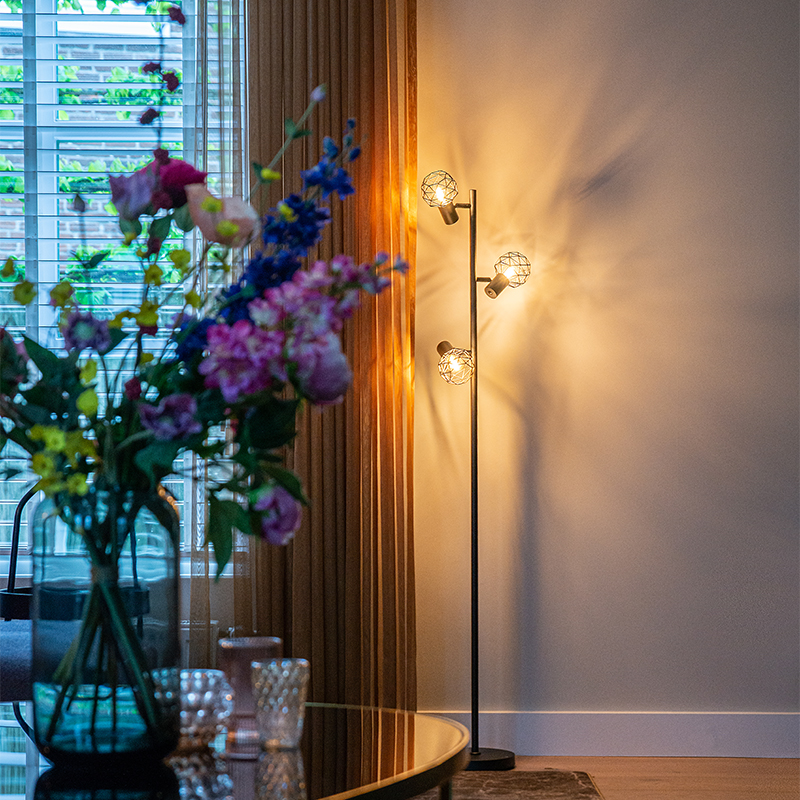 QAZQA Smart vloerlamp verstelbaar incl. 3 Wifi P45 - Mesh - Zwart