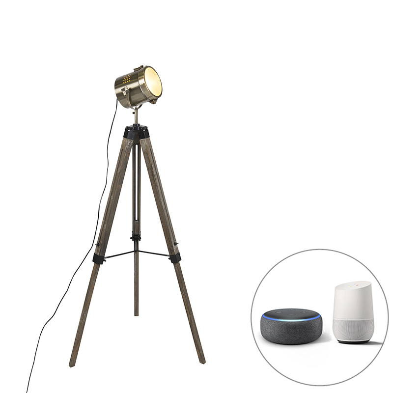 QAZQA Smart vloerlamp tripod hout met studiospot incl. Wifi B35 - Braha - Bruin