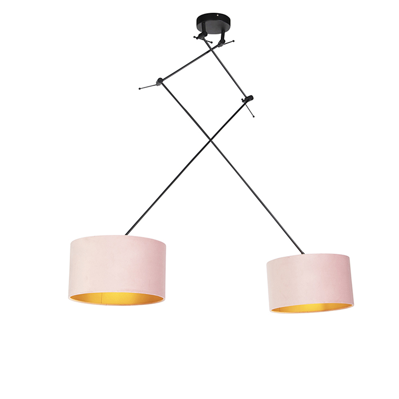 QAZQA Hanglamp zwart met velours kappen met goud 35 cm 2-lichts - Blitz - Roze