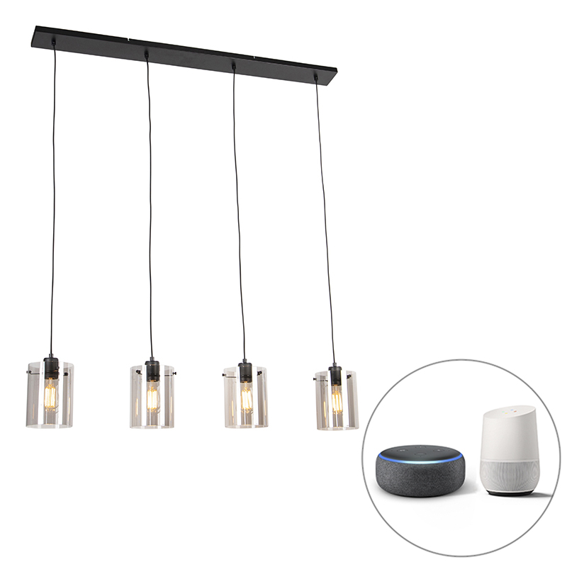 QAZQA Smart hanglamp met smoke glas incl. 4 Wifi ST64 - Dome - Zwart