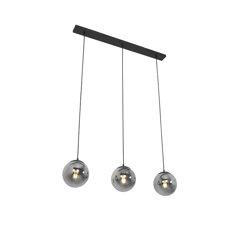 QAZQA Art deco hanglamp zwart en smoke glas 3-lichts - Pallon - Silver