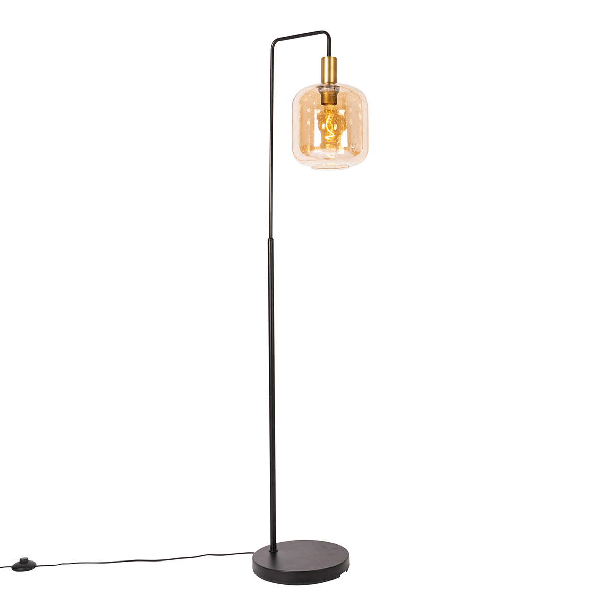 QAZQA Design vloerlamp zwart met messing en amber glas - Zuzanna - Oranje