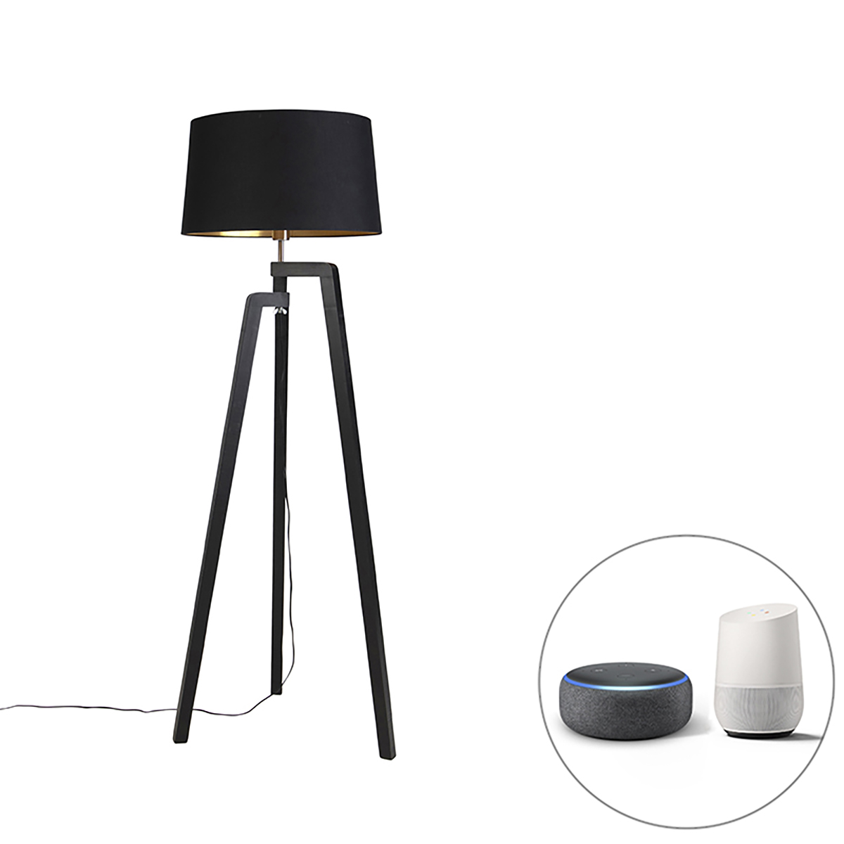QAZQA Smart vloerlamp tripod met kap met goud 50 cm incl. Wif A60 - Puros - Zwart