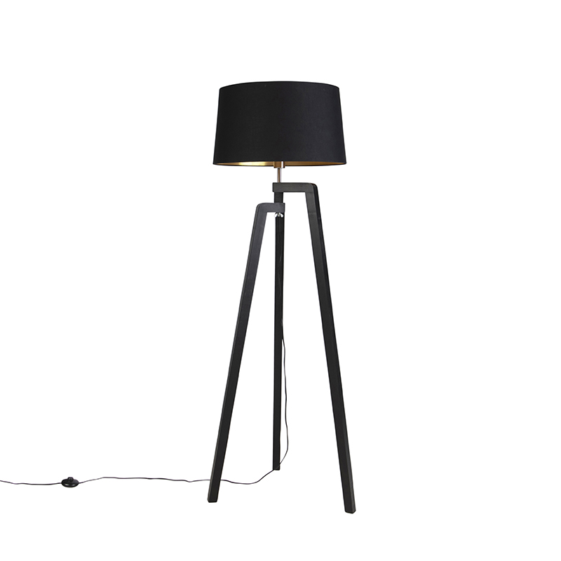 QAZQA Vloerlamp tripod met katoenen kap met goud 50 cm - Puros - Zwart