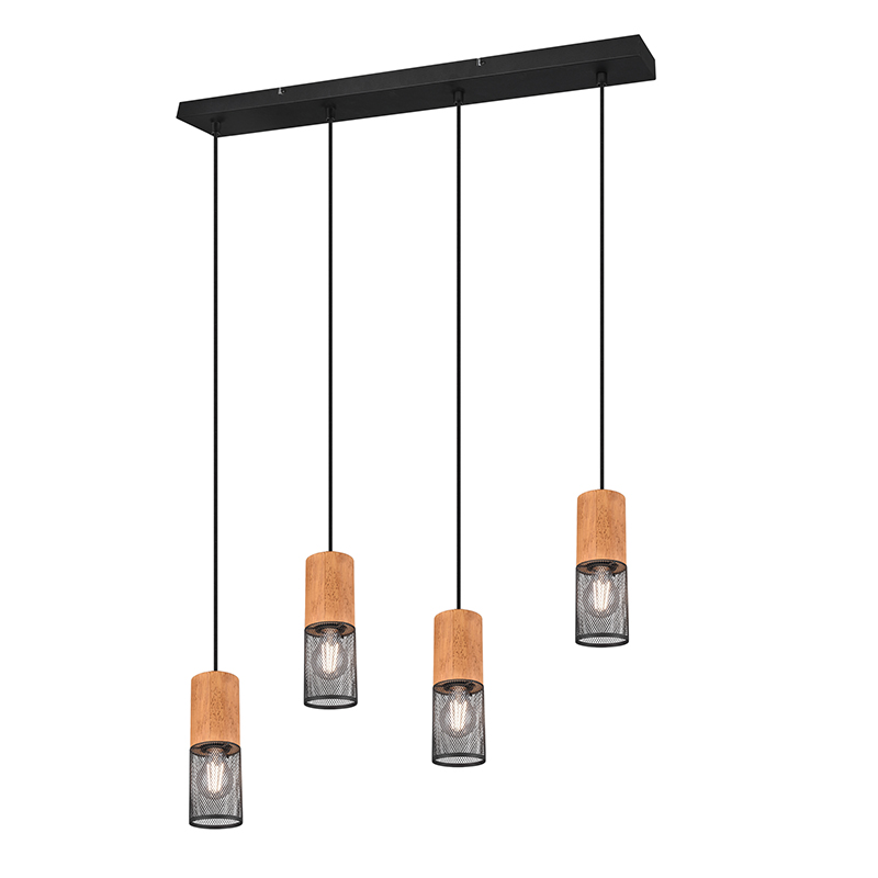Trio Leuchten Industriële hanglamp met hout 4-lichts - Manon - Zwart
