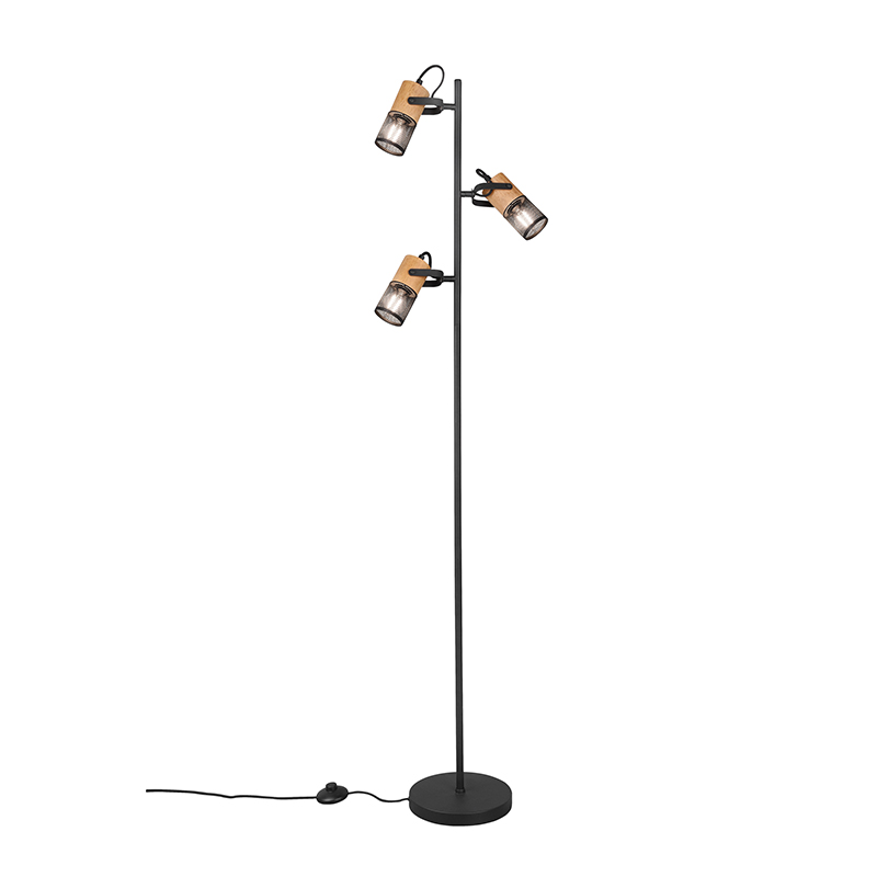 Trio Leuchten Industriële vloerlamp met hout 3-lichts - Manon - Zwart