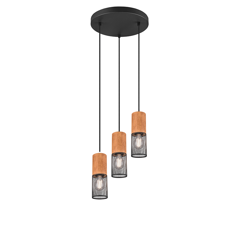 Trio Leuchten Industriële hanglamp met hout 3-lichts - Manon - Zwart