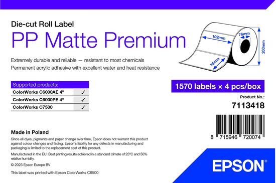Epson 7113418 PP matte label 102 x 76 mm (origineel)
