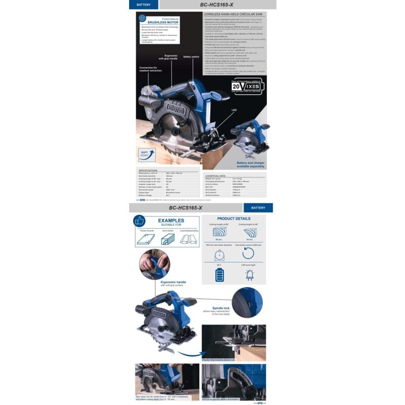 Scheppach Scheppach - Sierra circular sin escobillas 20v 165mm sin bateria ixes bc-hcs165-x