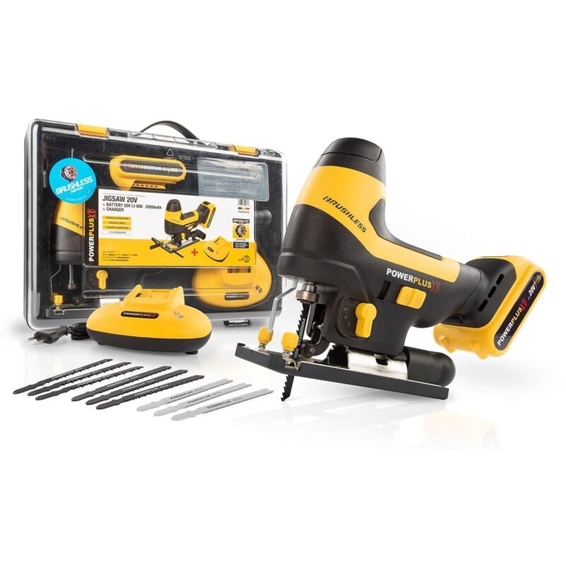 PowerPlus Sierra de calar sin Escobillas 20V - incl. batería 20V 2.0Ah y cargador - 6 acc.