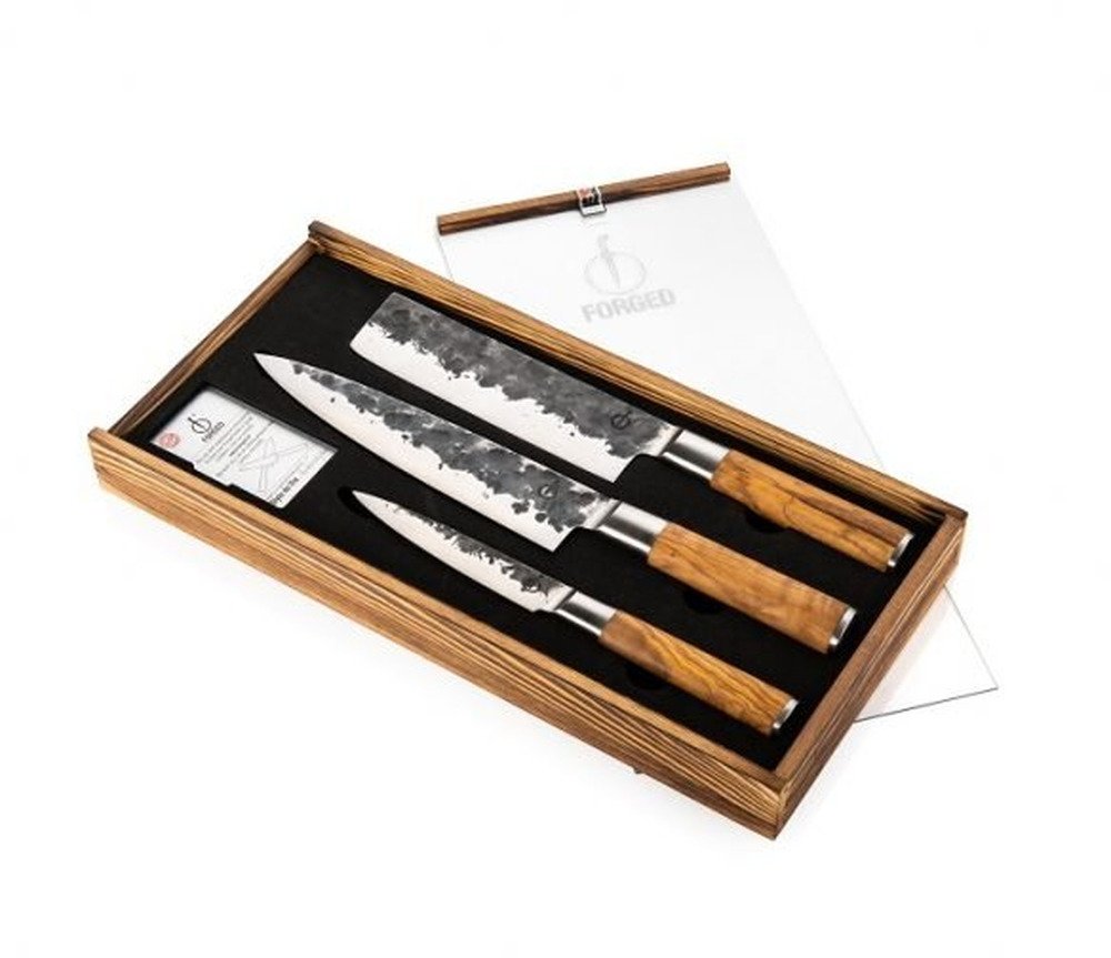 Forged Forged Olive Messenset 3pcs - Koksmes, Hakbijl, Huishoudmes | Keukenmessen | 8718719305287