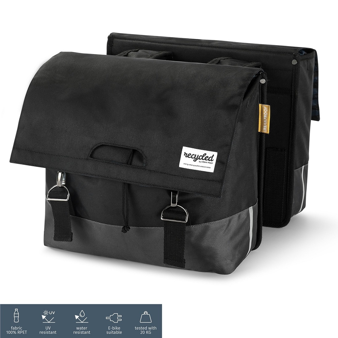 URBAN PROOF Dubbele fietstas 55L Recycled - Zwart/Grijs