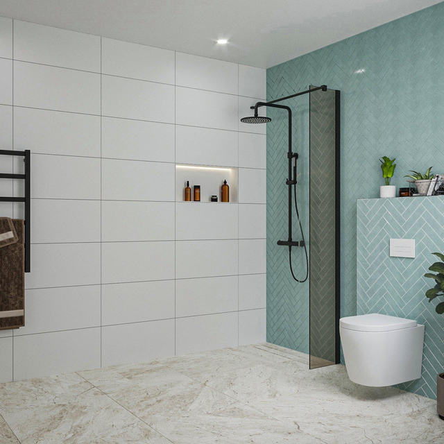 Fortifura Galeria inloopdouche - 30x200cm - rookglas - wandarm - mat zwart SW797930/SW797905