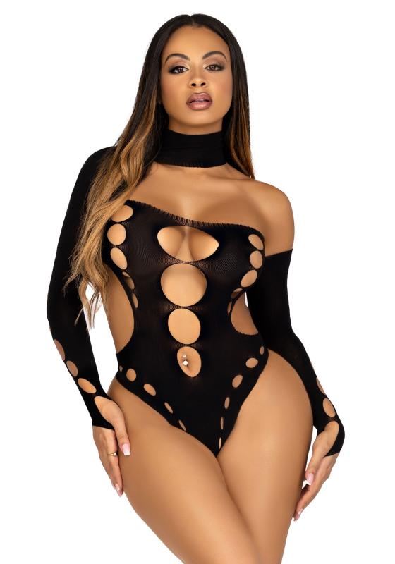 Leg Avenue Asymmetrische Bodysuit met Open Rug - Zwart