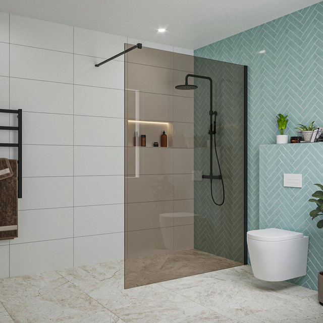 Fortifura Galeria inloopdouche - 140x200cm - rookglas - wandarm - mat zwart SW797946/SW797905