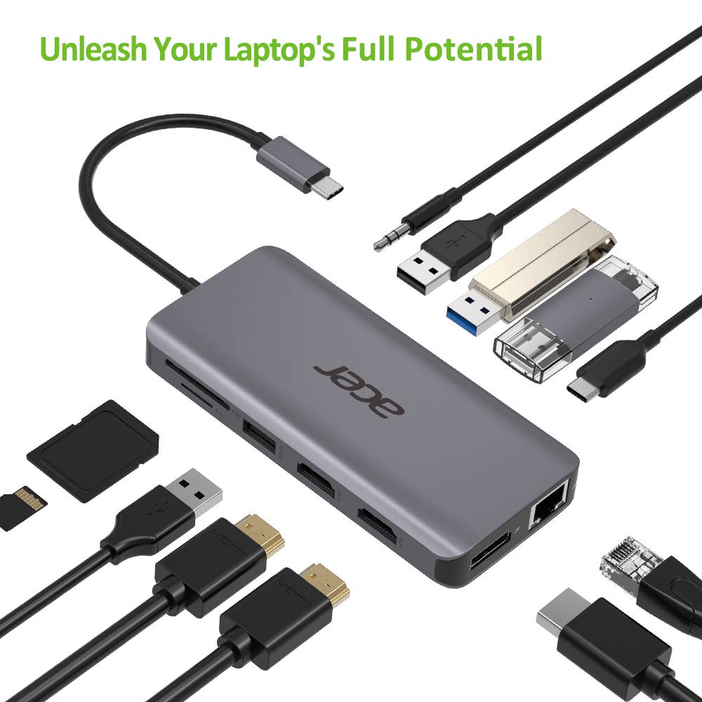 Acer 12-In-1 Type-C AV / multimedia paneel - Docking station - USB-C - 2 x HDMI DP - GigE - Silver