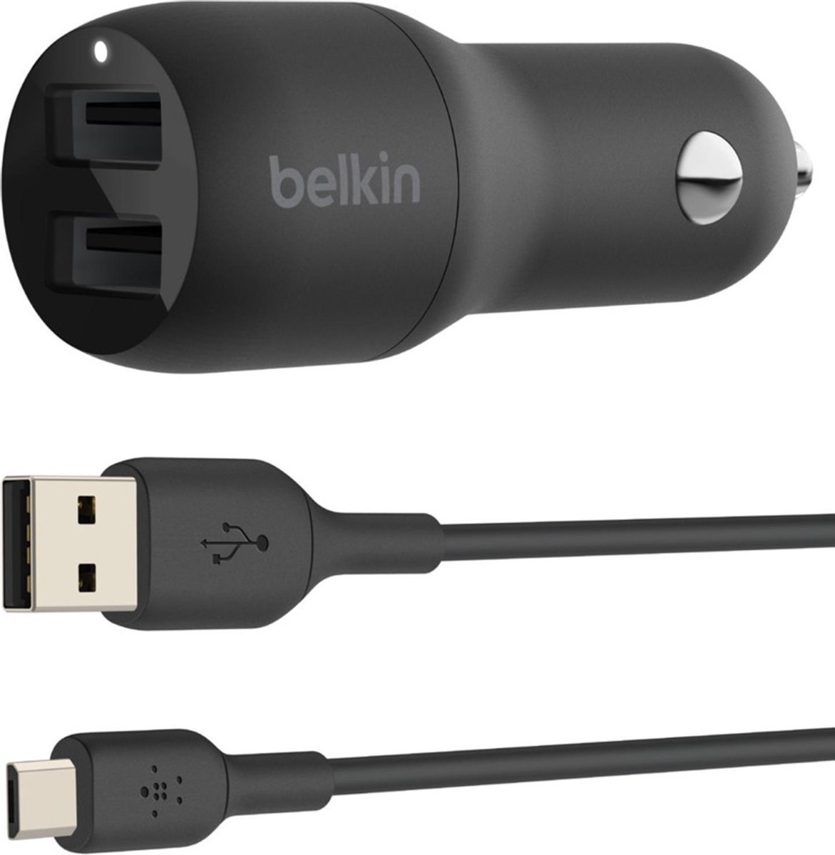 Belkin Dual USB-A Car Charger 24 Watt met PVC USB-A-naar-micro-USB-kabel 1 Meter - Zwart