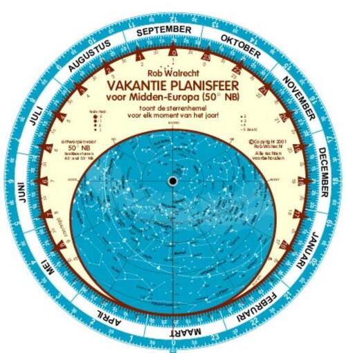 Nederlandse vakantie-planisfeer voor Midden-Europa (50 graden)