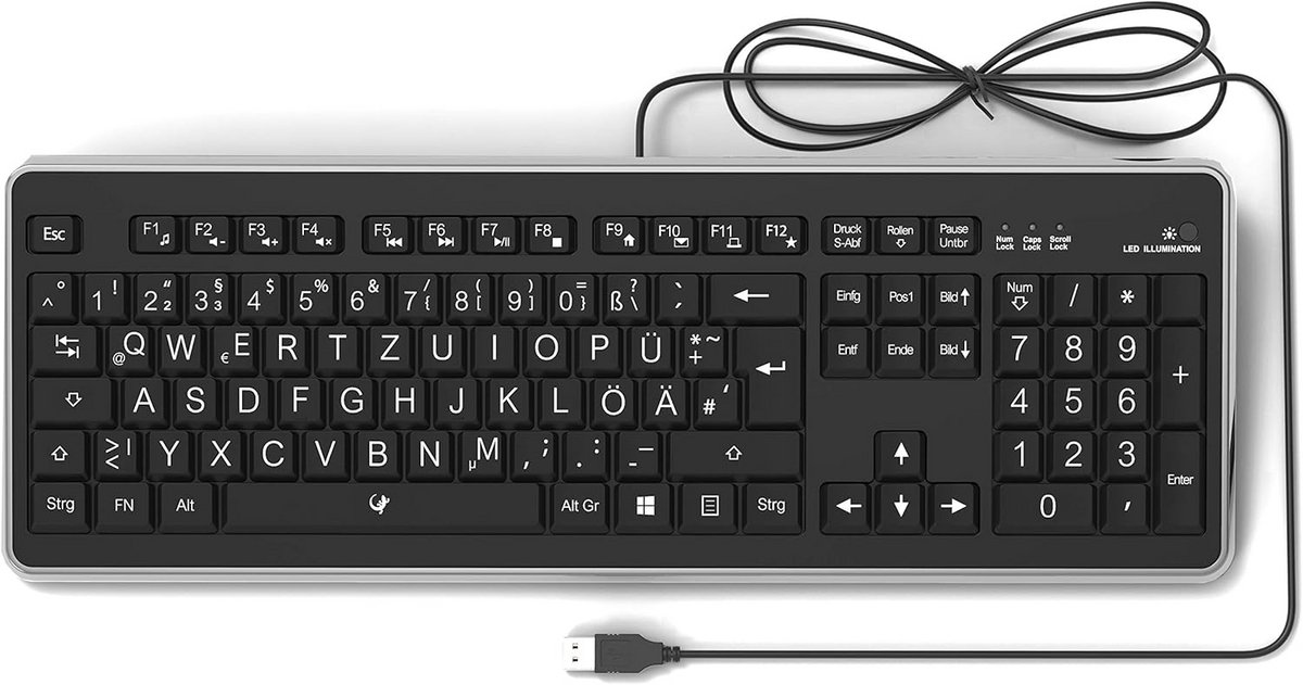 Bedraad QWERTZ Toetsenbord met Extra Grote Letters en Witte LED Verlichting - USB