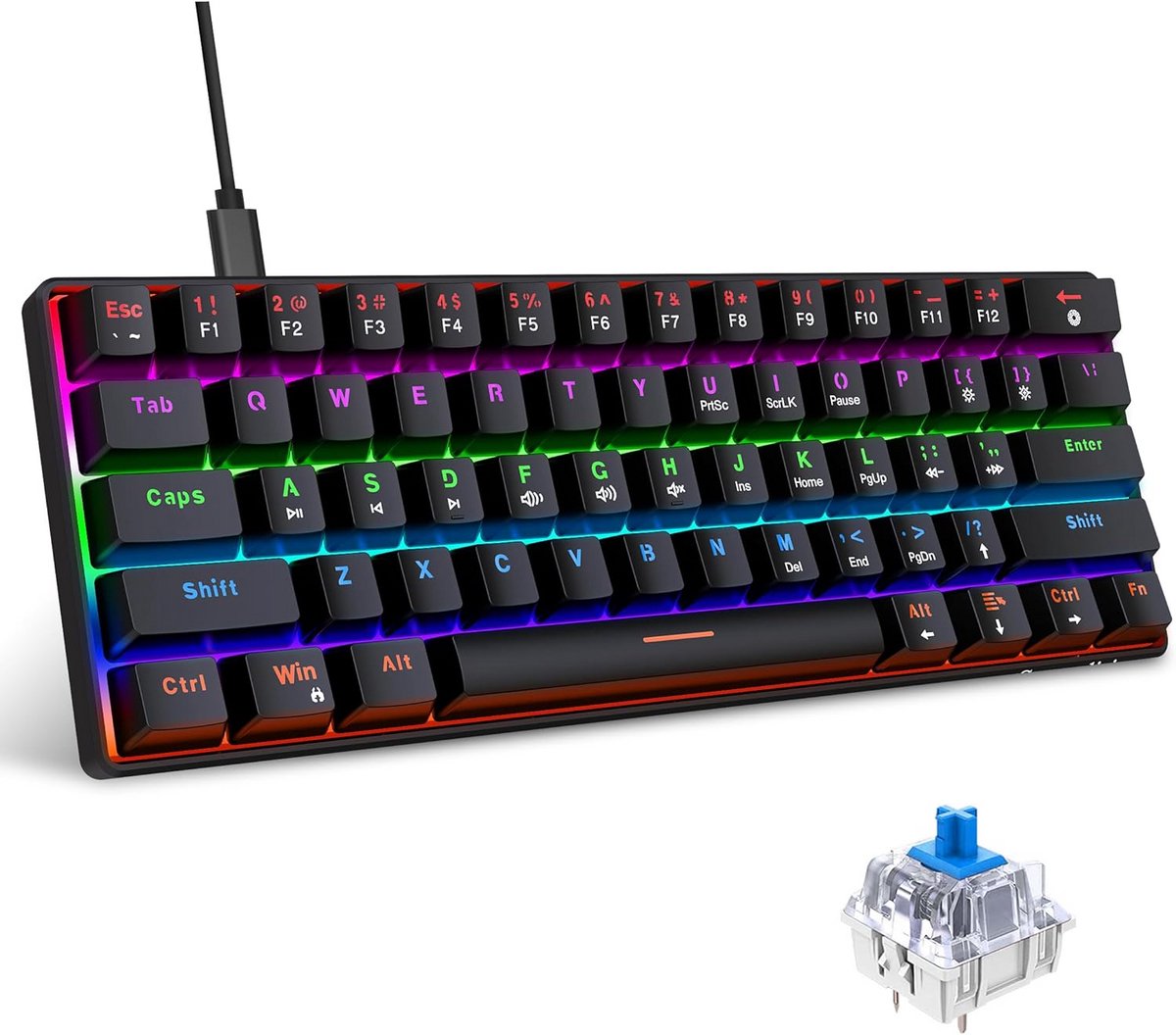Mechanisch Gaming Toetsenbord 60% Compact - RGB Verlichting - 61 Toetsen - Blue Switches - Zwart