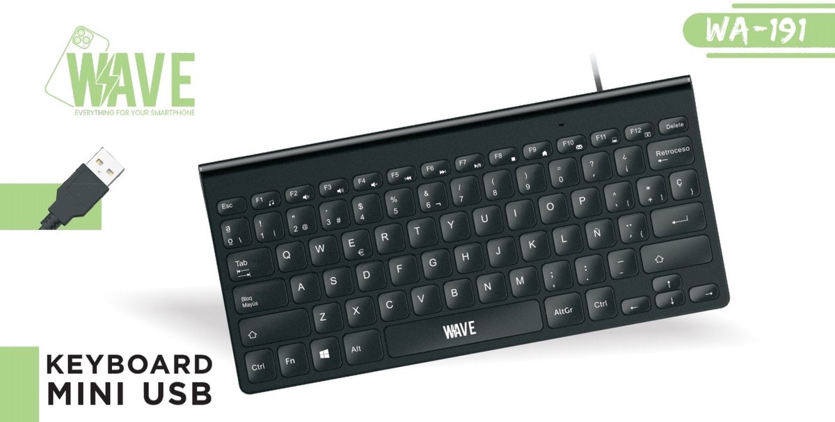 Wave | Wired Mini Keyboard | US QWERTY | Windows & MacOS | Zwart