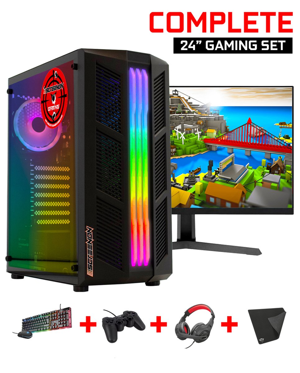ScreenON - Gaming Set - P1 (GamePC + 24 Inch Monitor + Toetsenbord + Muis)