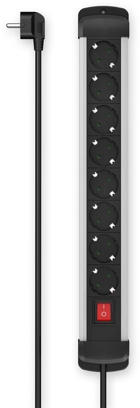 Hama Stekkerdoos, 8-voudig, schakelaar, wandmontage, 1,5 m Kabel - Grijs