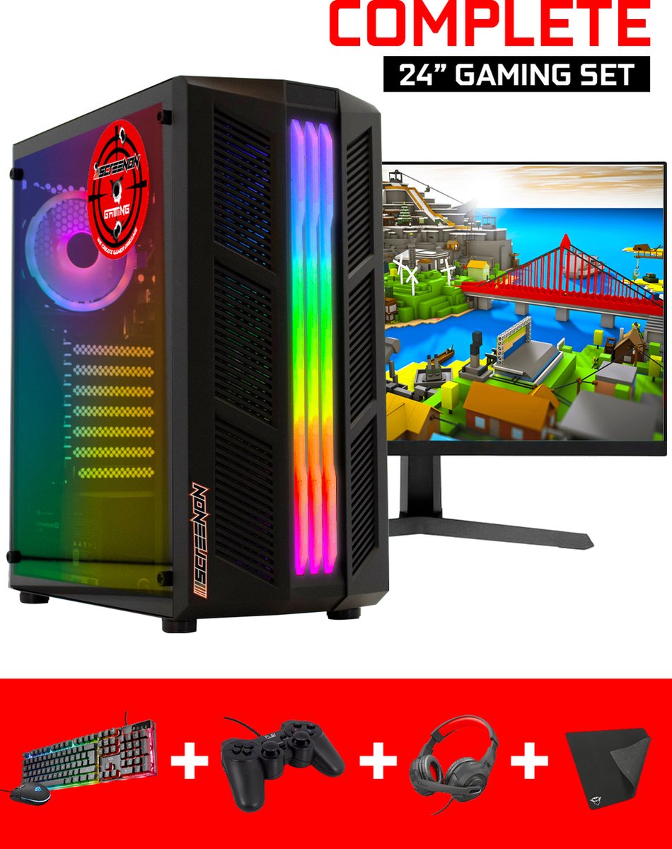 ScreenON - Gaming Set - P3 (GamePC + 24 Inch Monitor + Toetsenbord + Muis) + WiFi & Bluetooth