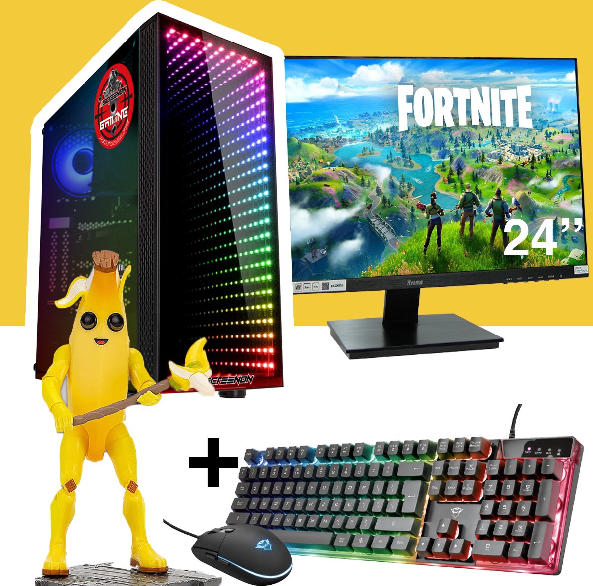 ScreenON - Gaming Set - Fortnite Peely Hero - V1 (GamePC + 24 Inch Monitor + Toetsenbord + Muis)