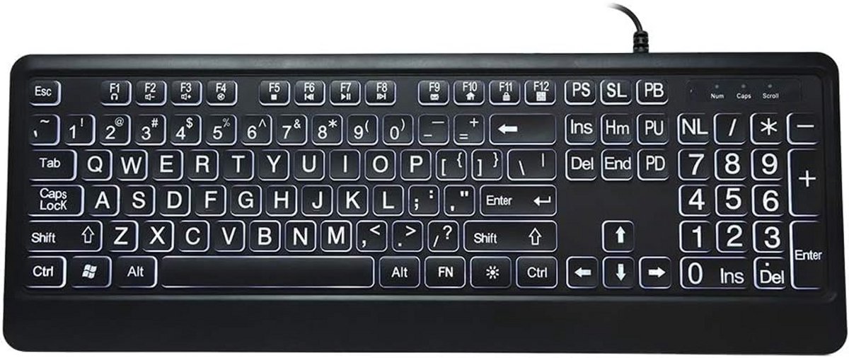 USB Toetsenbord met Grote Letters en Witte LED Achtergrondverlichting - Standaard Formaat