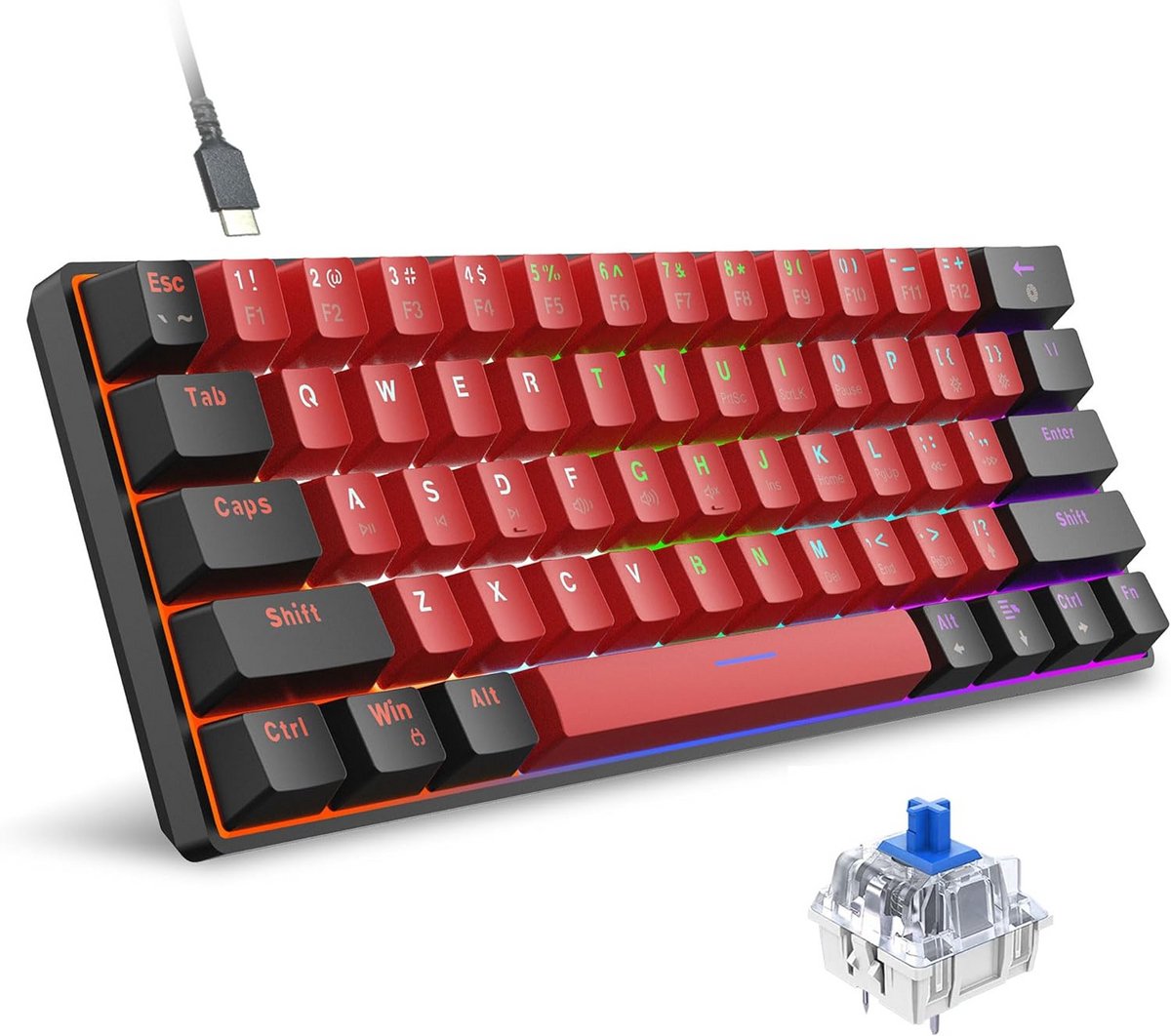 Mechanisch Gaming Toetsenbord 60% Compact met RGB Verlichting en Blauwe Switches