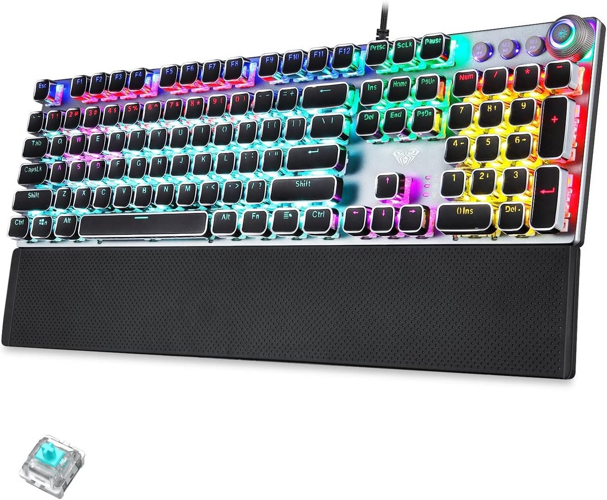 Mechanisch Gaming Toetsenbord met Blauwe Schakelaars, RGB Lichteffecten en Draaiknop