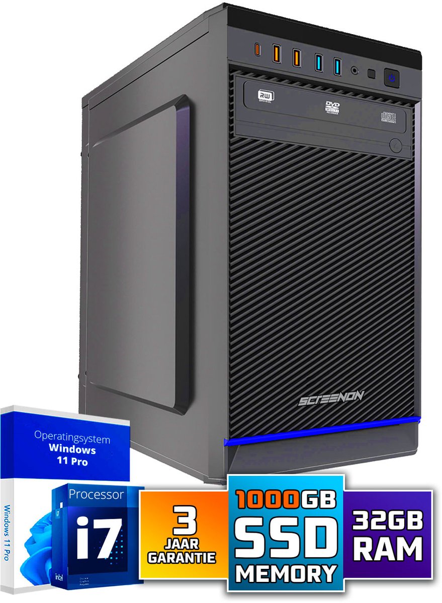 Intel Compleet PC | Intel Core i7 | 32 GB DDR4 | 1 TB SSD | Windows 11 Pro + WiFi & Bluetooth