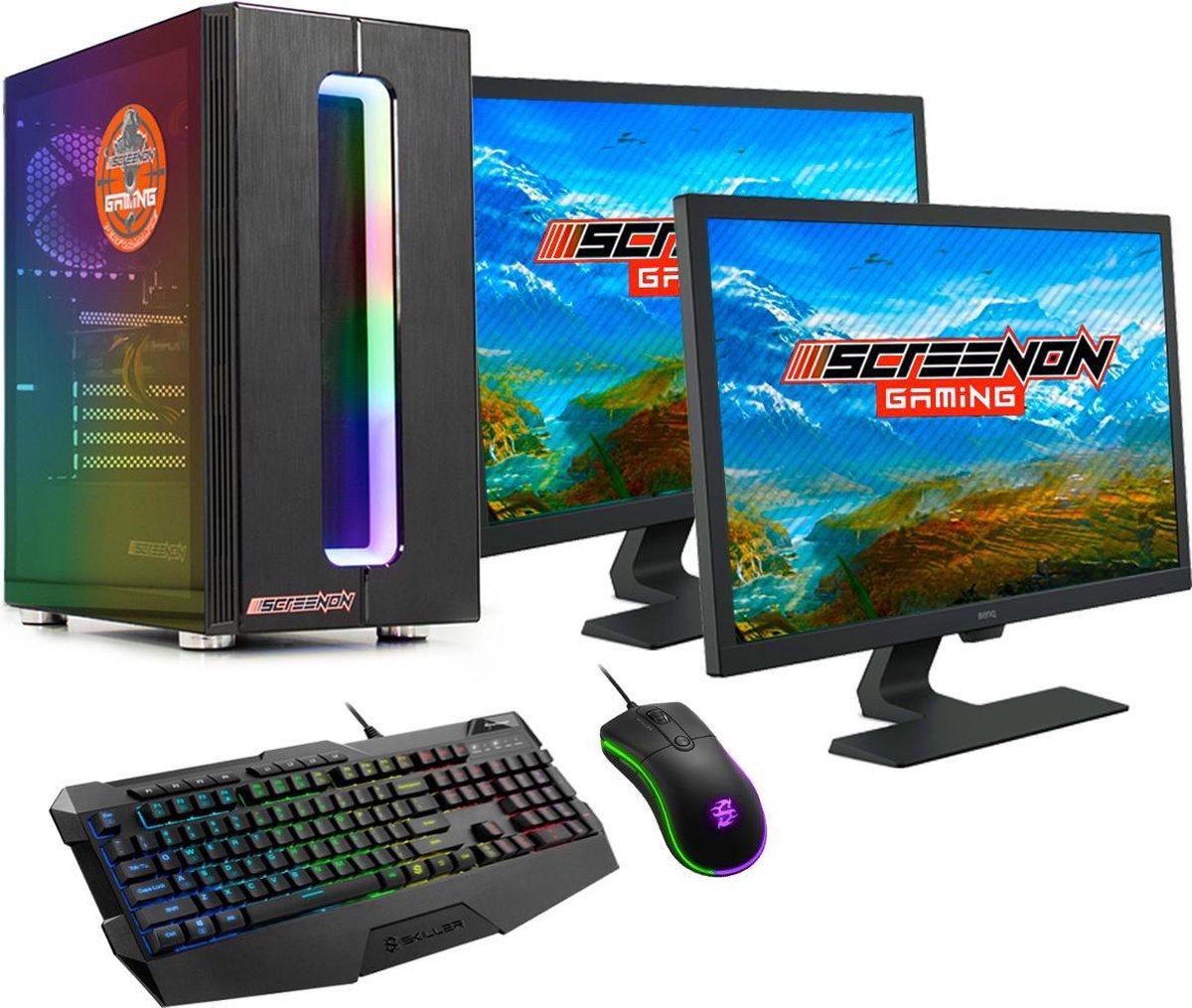 ScreenON - Gaming Set - B4 - (GamePC + 2 x 27 Inch Gaming Monitor + Gaming Toetsenbord en Muis)