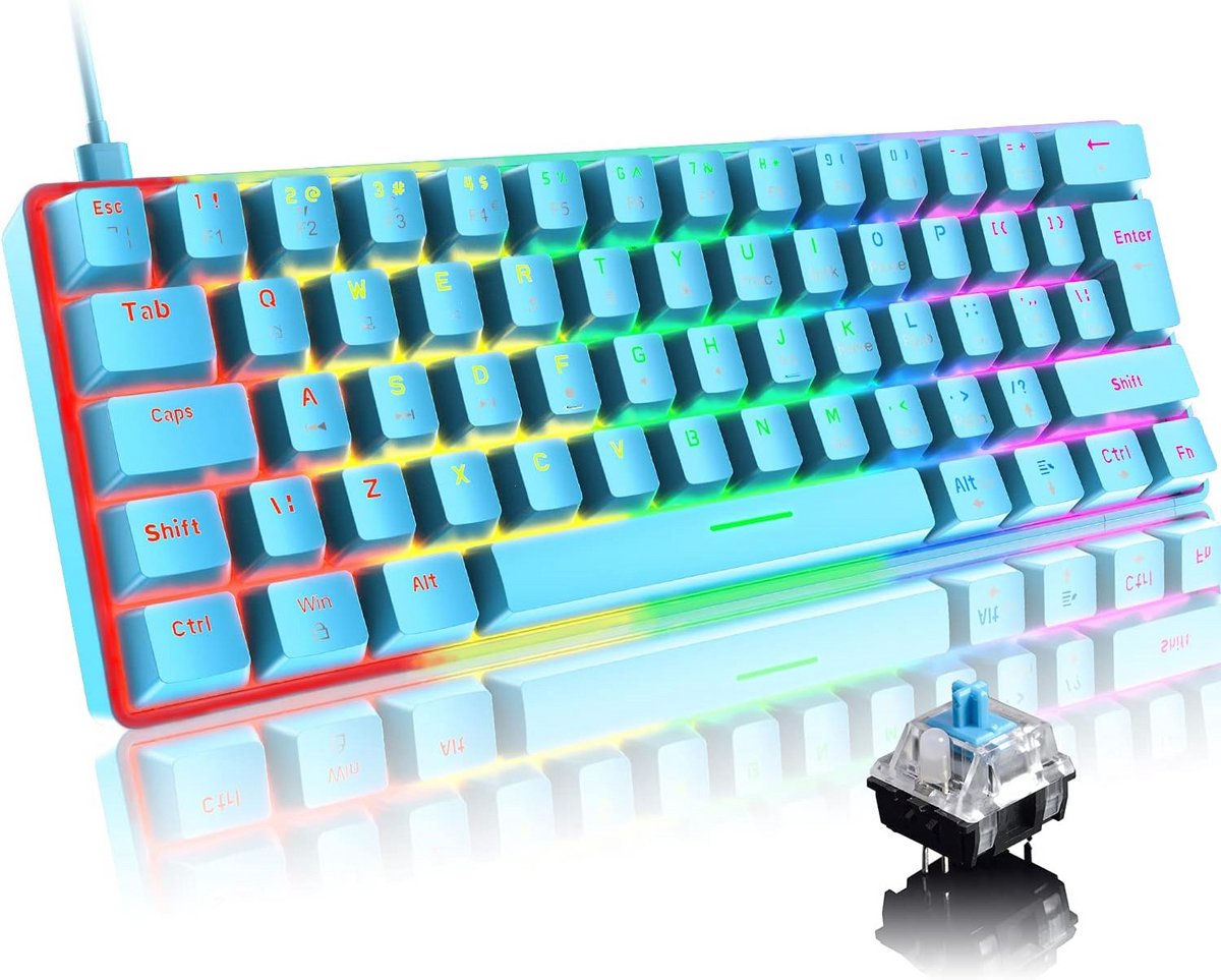 Compact 60% Mechanisch Gaming Toetsenbord 62 Toetsen QWERTY UK Blauwe Schakelaars RGB Verlichting