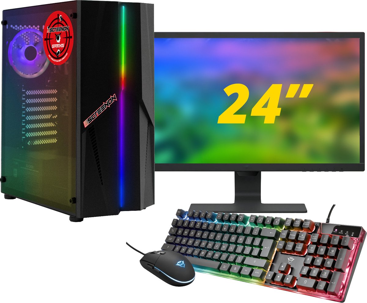 ScreenON - Gaming Set - X10599 - V1 (Game PC X10599 + 24 Inch Monitor + Toetsenbord + Muis)