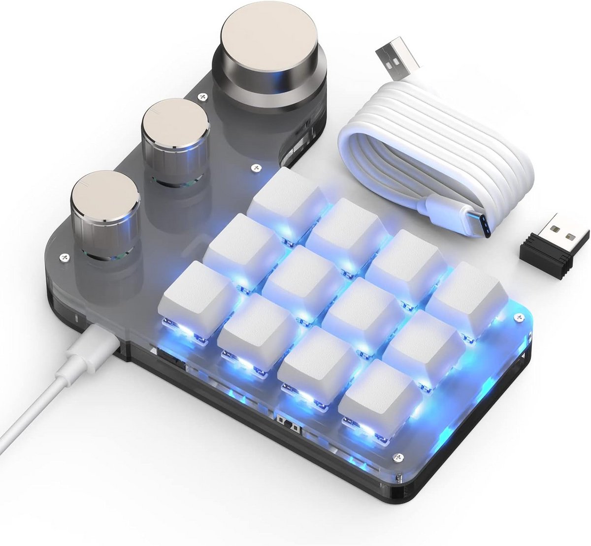 Programmeerbaar Macro Toetsenbord met 12 Witte Toetsen | USB-C, Bluetooth & 2.4G