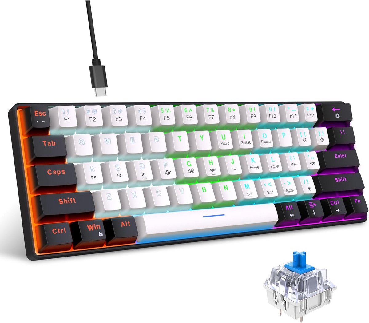 Mechanisch Gaming Toetsenbord 60% Compact met RGB Verlichting en Blauwe Switches
