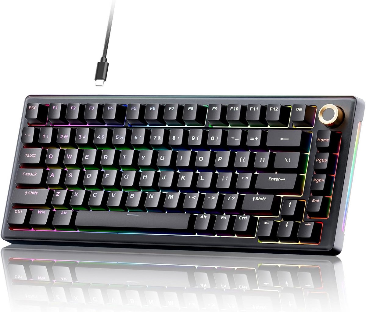 Compact Bedraad Mechanisch Gaming Toetsenbord 75% Lay-out met Draaiknop en RGB