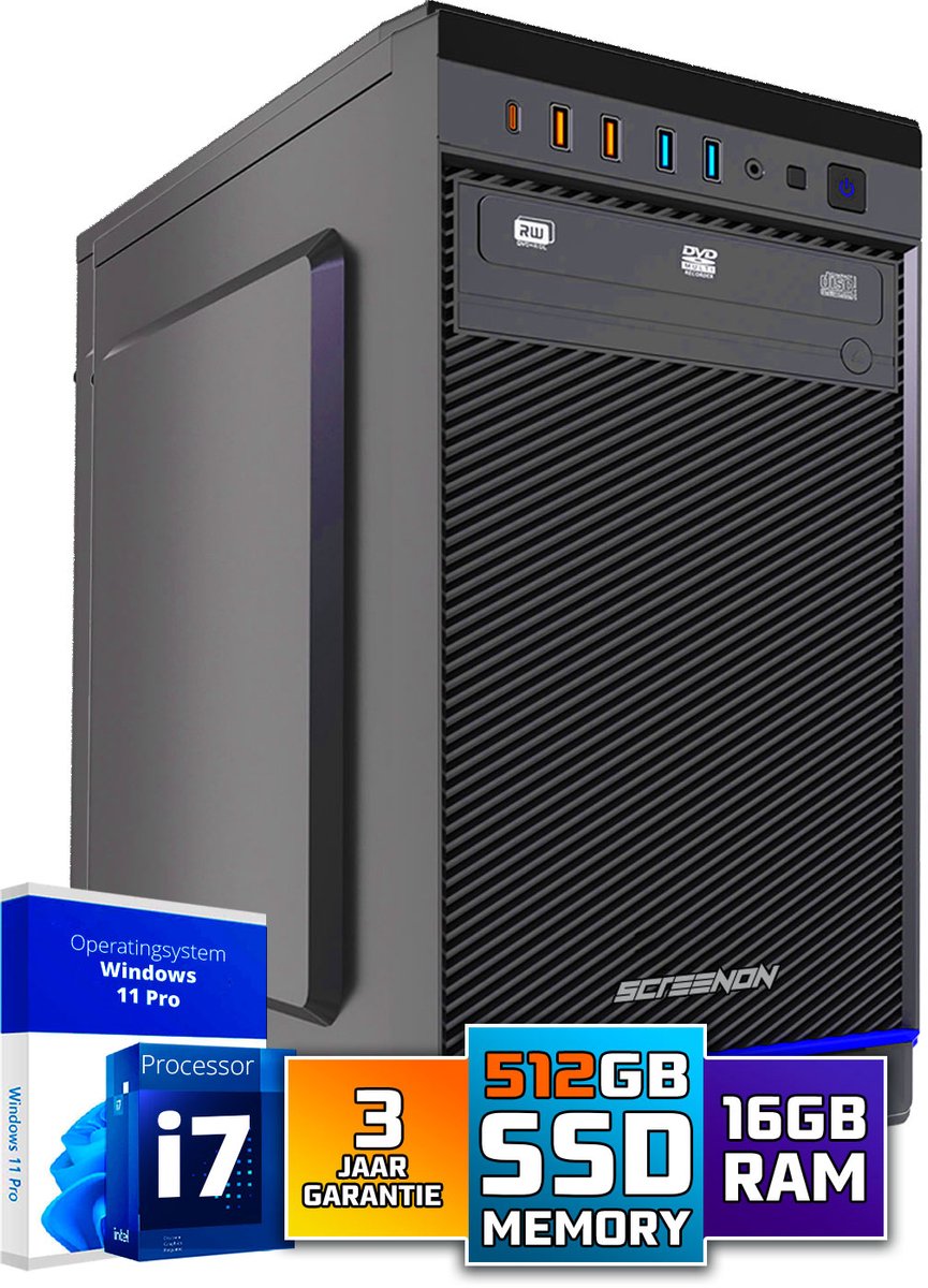 Intel Compleet PC | Intel Core i7 | 16 GB DDR4 | 512 GB SSD | Windows 11 Pro + WiFi & Bluetooth