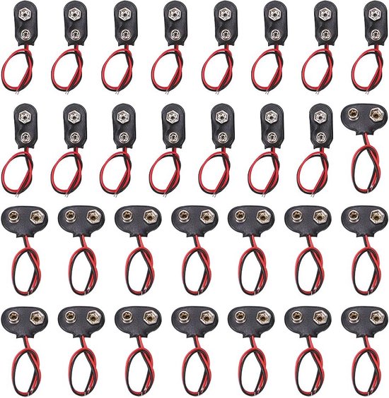 30 Stuks 9V Batterij Snap Connector Set met 10cm Draad - T Type & I Type