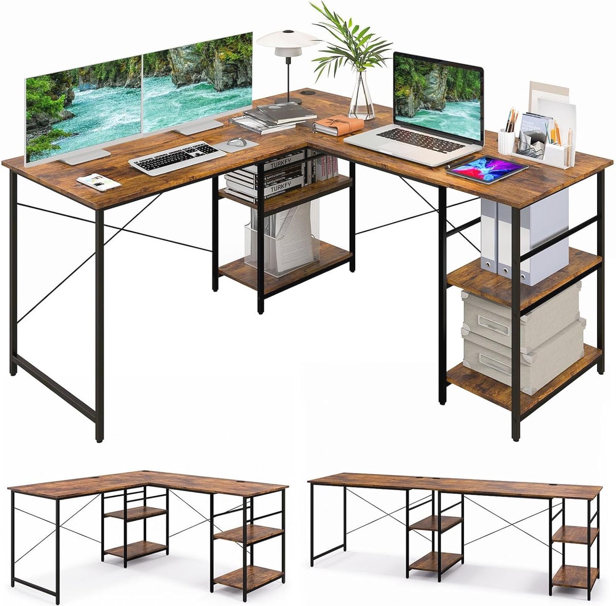 L-vormig bureau met planken en opbergruimte - 242 cm gaming en werkstation