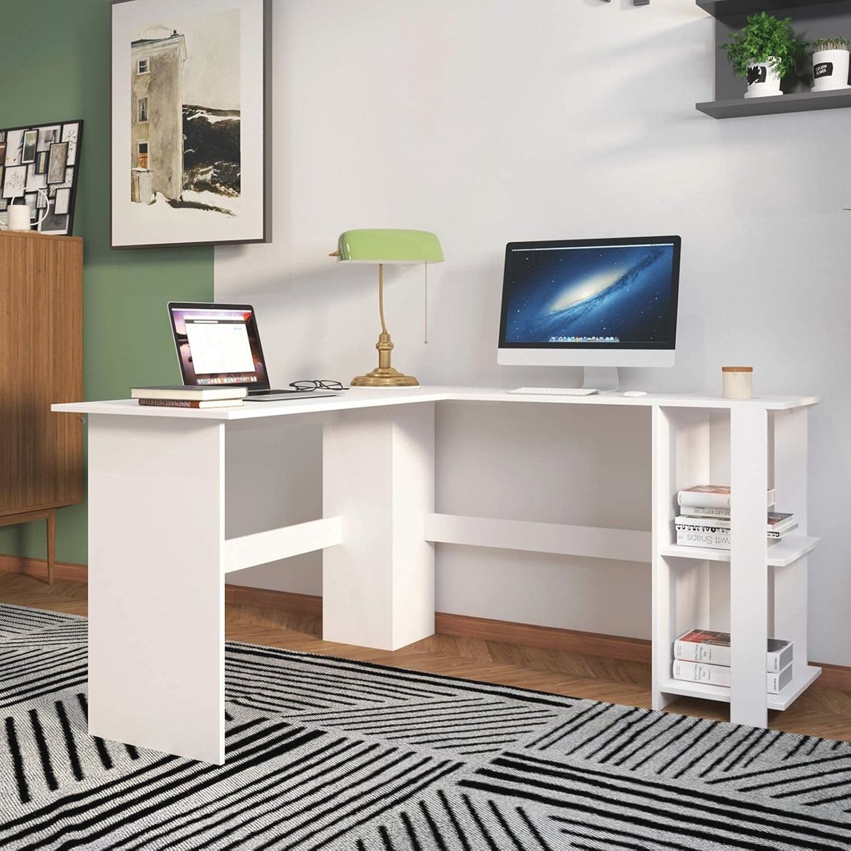 L-vormig Hoekbureau 136 x 130 cm - Grote Computertafel met Opbergruimte