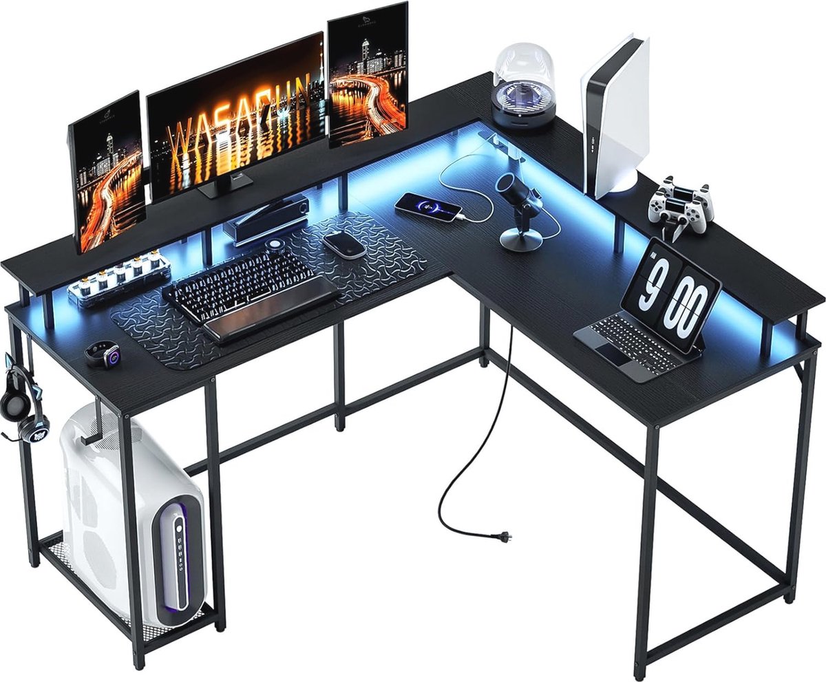 L-vormig Gamingbureau met Stopcontact en Ledverlichting - Hoekbureau 136 cm - Zwart