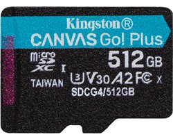 Kingston 512 GB microSDXC Canvas Go Plus Gen4 200R A2 U3 Paquete individual sin ADP, Tarjeta de memoria