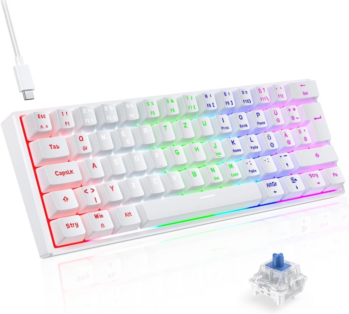 Mechanisch Gaming Toetsenbord 60% TKL QWERTZ met Blauwe Schakelaar - Bekabeld voor PC en Consoles