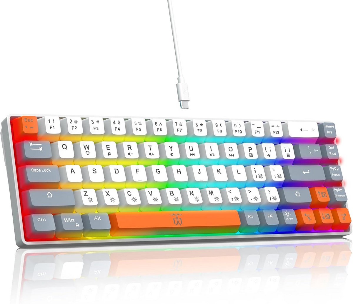 Compact 60% Gaming Toetsenbord met Bedrade Aansluiting - Wit, Grijs, Oranje Keycaps