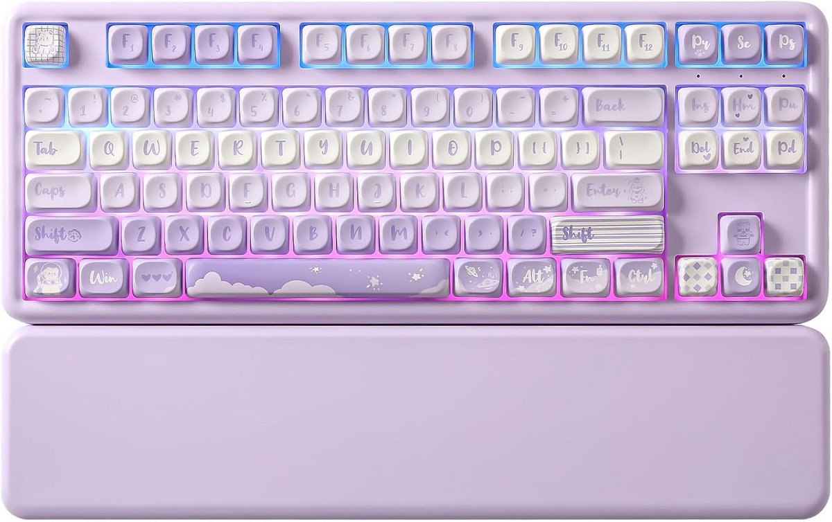 Draadloos Mechanisch Gaming Toetsenbord 87-toetsen QMK/VIA RGB Inclusief Polssteun en Leuke Keycaps